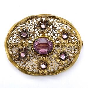 Antique Brass Filigree Brooch with Amethyst-Colored Stones | Trombone Clasp Pin